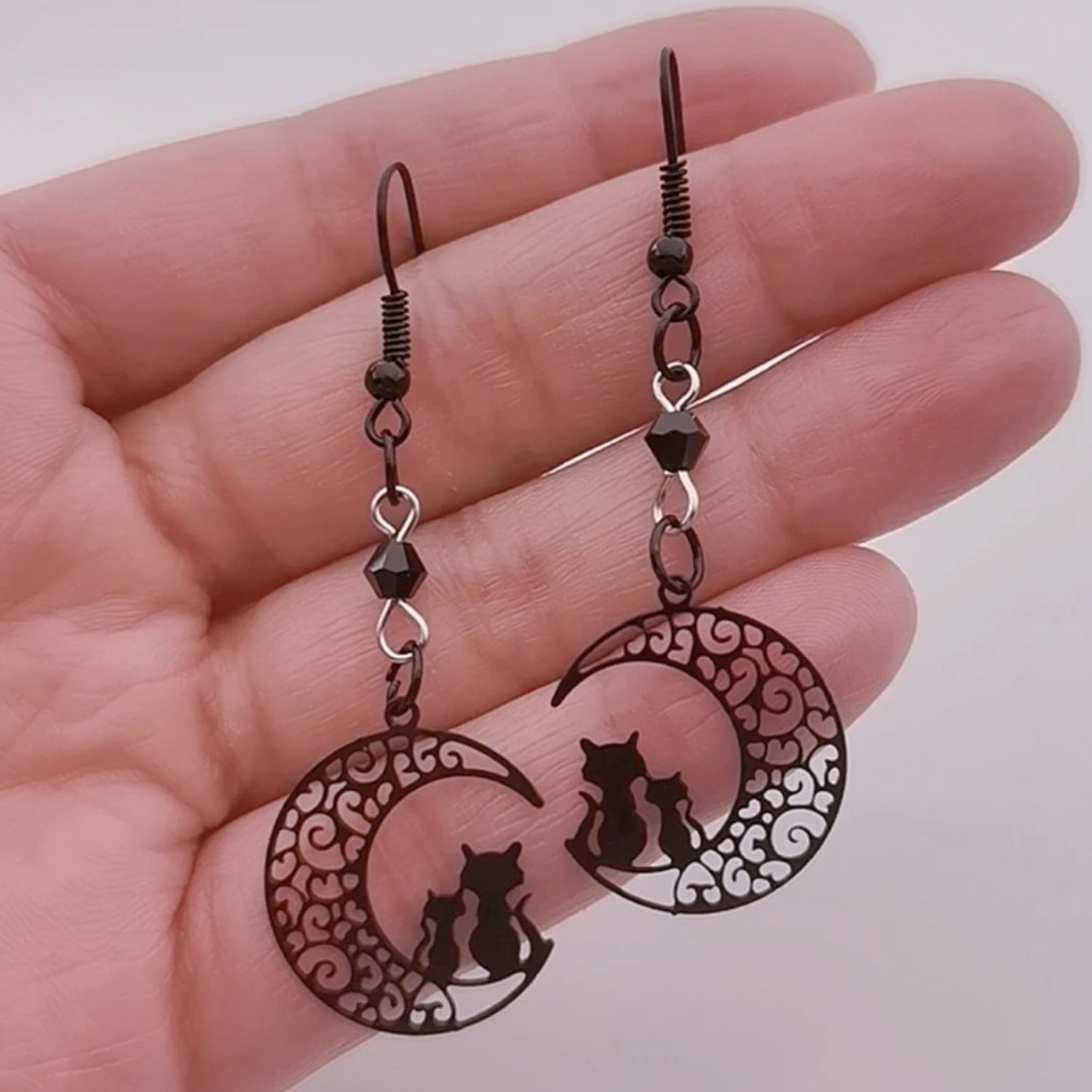 Cat and Crescent Moon Earrings‎